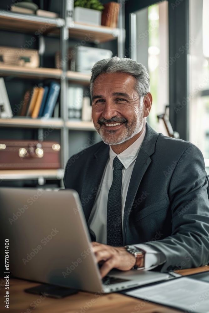 A person in a suit is seated at a desk, focused on their laptop A person in a suit is seated at a desk, focused on their laptop