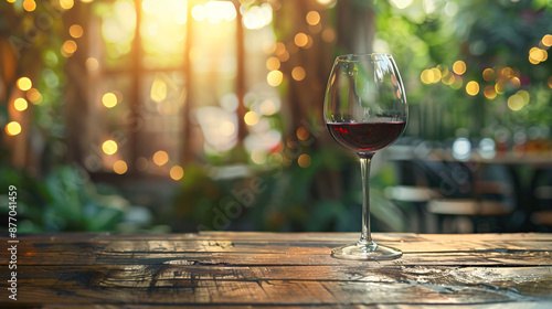 A glass of wine on a wooden table with a blurred wine bar background.