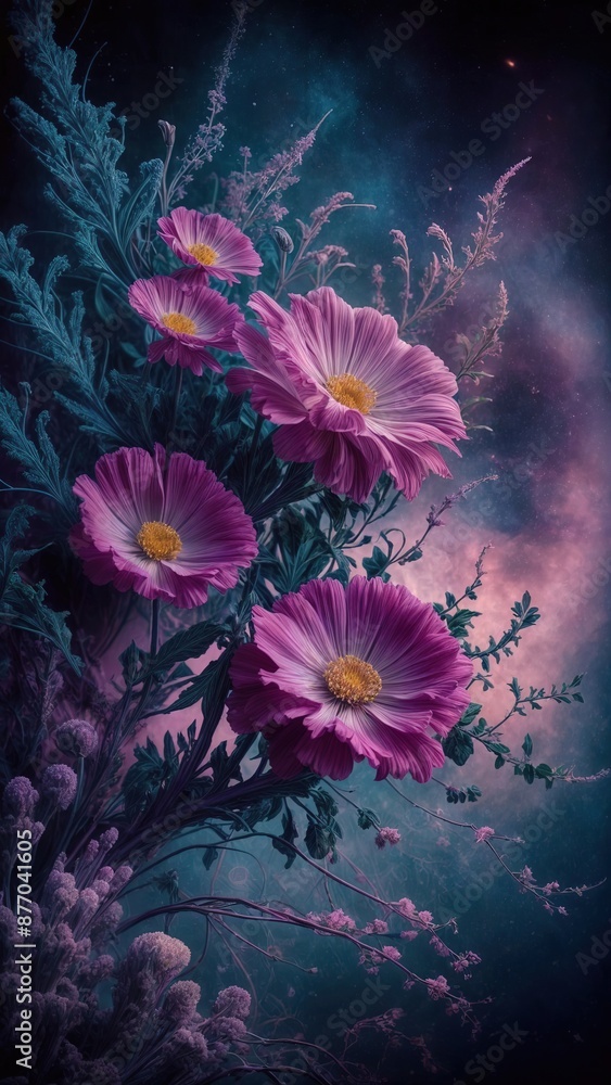 Wall paper, wall art of a flowers and foliage set against a cosmic vertical backdrop Wall paper, wall art of a flowers and foliage set against a cosmic vertical backdrop