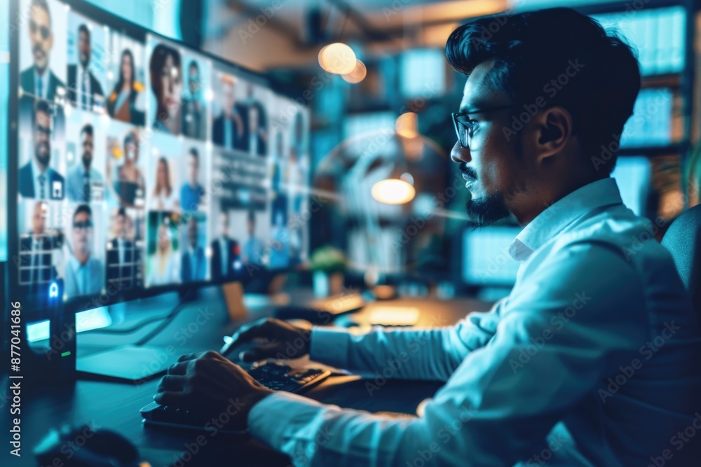 Fototapeta premium A person sitting at a desk with a laptop and keyboard, possibly working or studying