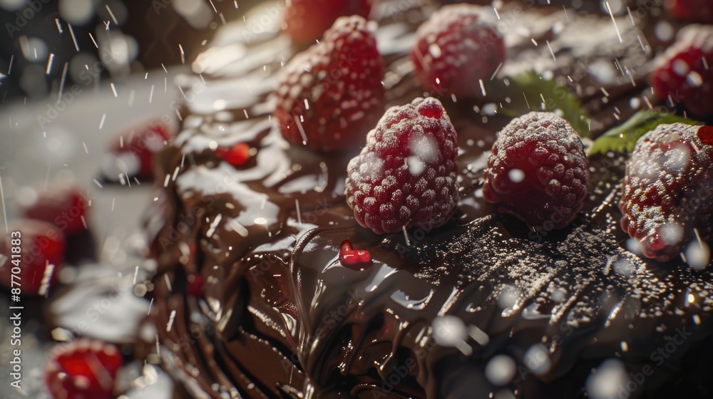 A delicious-looking chocolate cake with fresh raspberries on top, perfect for any occasion A delicious-looking chocolate cake with fresh raspberries on top, perfect for any occasion