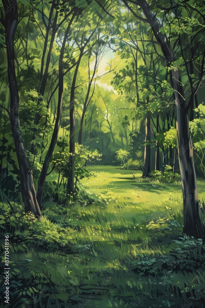 A winding path leads through a dense and vibrant green forest, perfect for outdoor adventures or scenic photography A winding path leads through a dense and vibrant green forest, perfect for outdoor adventures or scenic photography