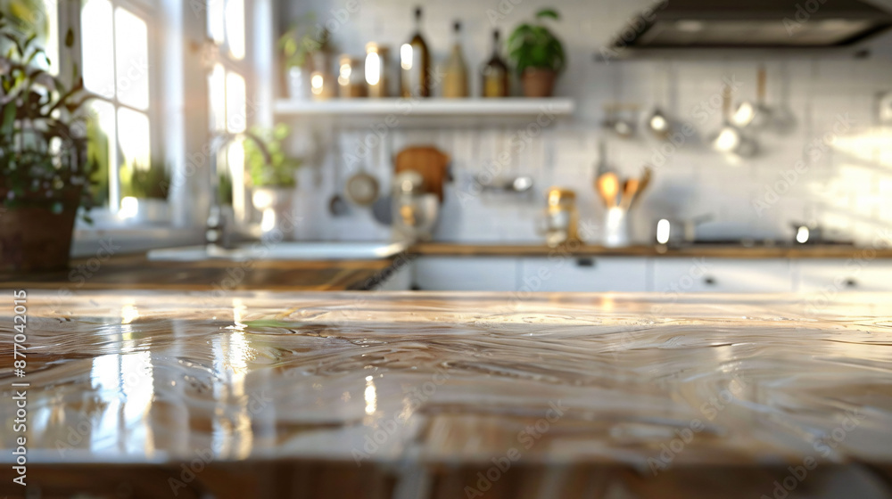 Empty table with blurred kitchen background. Empty table with blurred kitchen background.