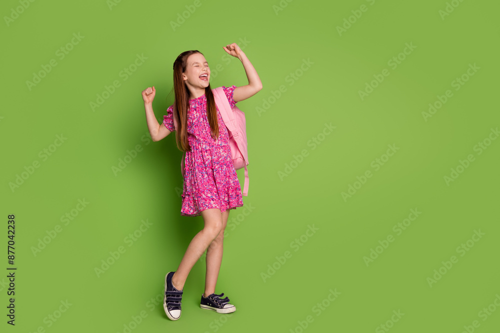 Full body portrait of lovely schoolgirl raise fists empty space wear pink dress isolated on green color background Full body portrait of lovely schoolgirl raise fists empty space wear pink dress isolated on green color background