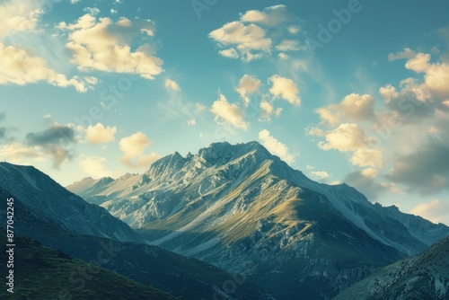 A scenic view of a mountain range with white clouds drifting across the sky