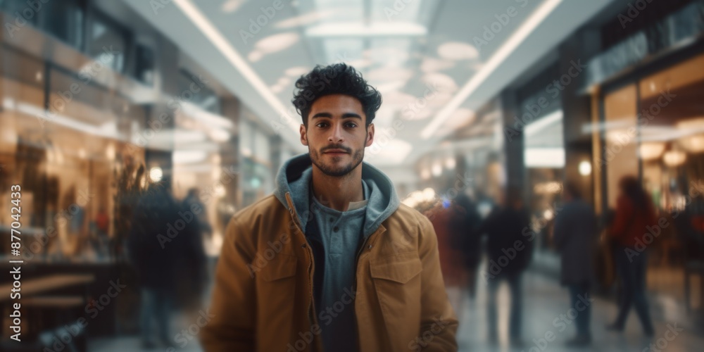 A man shops and looks directly into the camera in a shopping mall A man shops and looks directly into the camera in a shopping mall