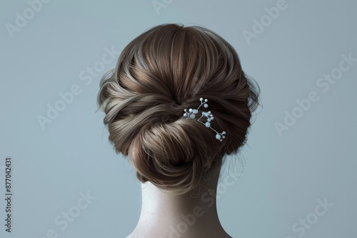 Elegant chignon hairstyle with delicate accessories, set against a clean background with plenty of copyspace, emphasizing the sophistication and detail of the updo,