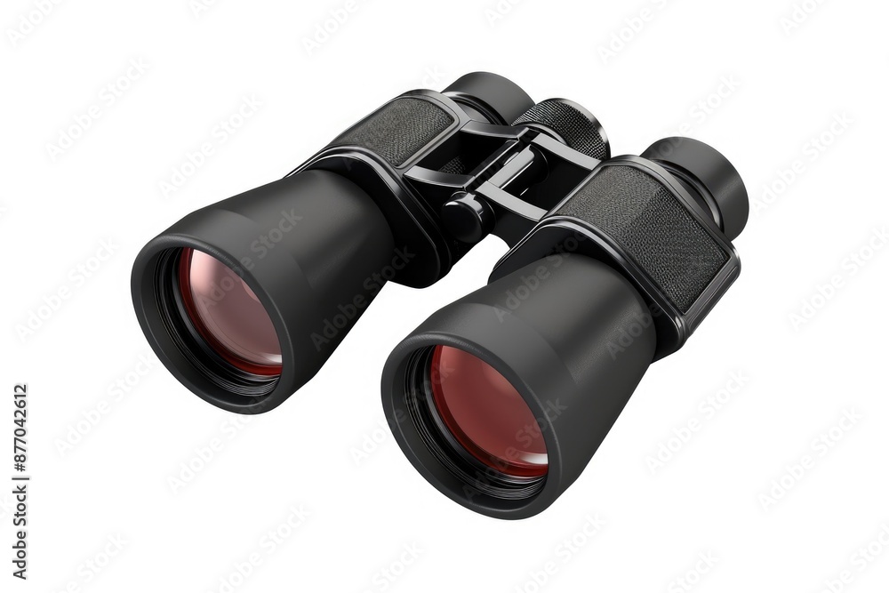 Close-up of binoculars on a white surface, ideal for use in product photography or as a design element Close-up of binoculars on a white surface, ideal for use in product photography or as a design element