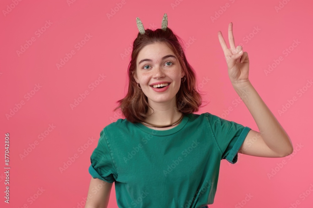 A woman in a green shirt holds up her hand with the V-shaped fingers to make a peace sign, a universal symbol of harmony and non-violence A woman in a green shirt holds up her hand with the V-shaped fingers to make a peace sign, a universal symbol of harmony and non-violence