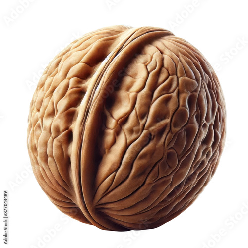 A highly detailed walnut shell, perfectly closed, isolated on a transparent background