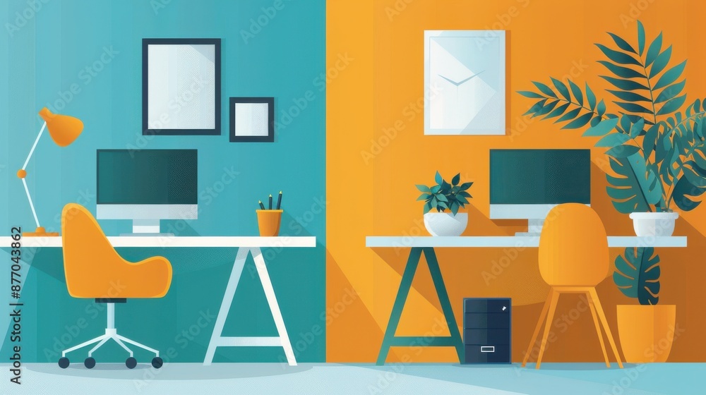 Hybrid work, split screen of office and home setups, flat design illustration Hybrid work, split screen of office and home setups, flat design illustration