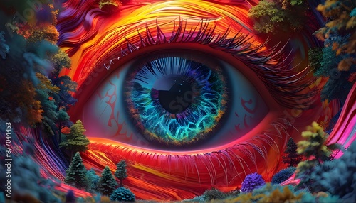 Vibrant surreal eye with colorful landscape, blending nature and abstract art. Generative AI