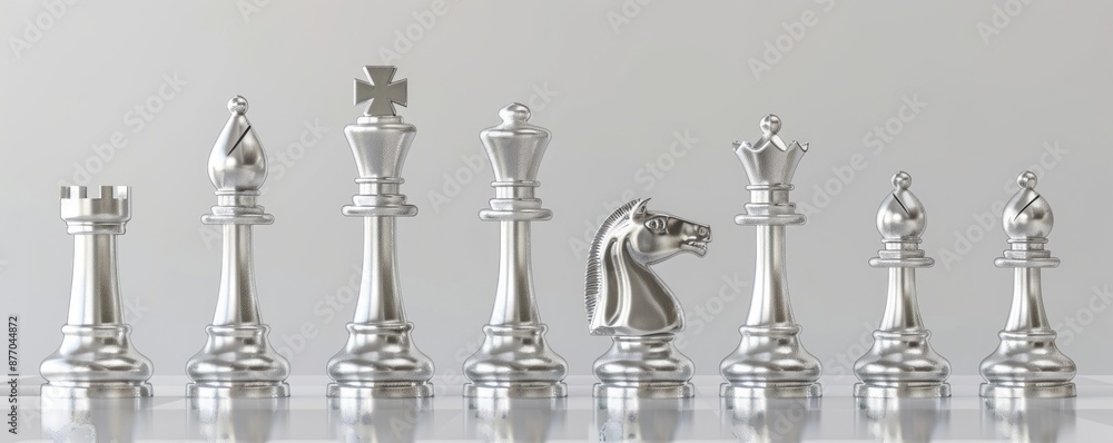 Complete Set of Silver Chess Pieces on a Pristine Background - A Display of Tactical Elegance - Generative AI Complete Set of Silver Chess Pieces on a Pristine Background - A Display of Tactical Elegance - Generative AI