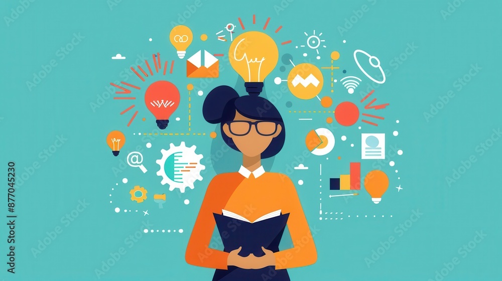 Obraz premium Inspiration, Visualization, Cooperation, inspired person visualizing ideas in cooperation, flat design illustration