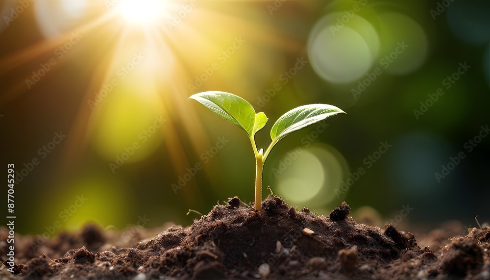 Young green seedling in sunlight against blurred natural bokeh background. Generative AI