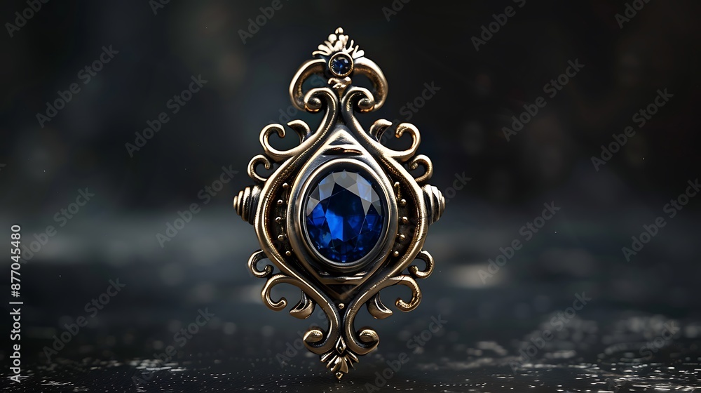 Fototapeta premium Royal Talisman with Sapphire Stone on Dark Background, Side View.