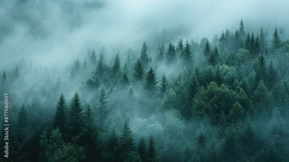 Misty landscape with fir forest Misty landscape with fir forest