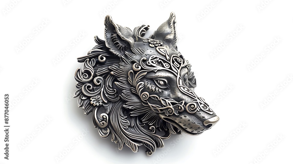 Obraz premium Mystical Silver Wolf Head Amulet with Intricate Details, Isolated on White Background.