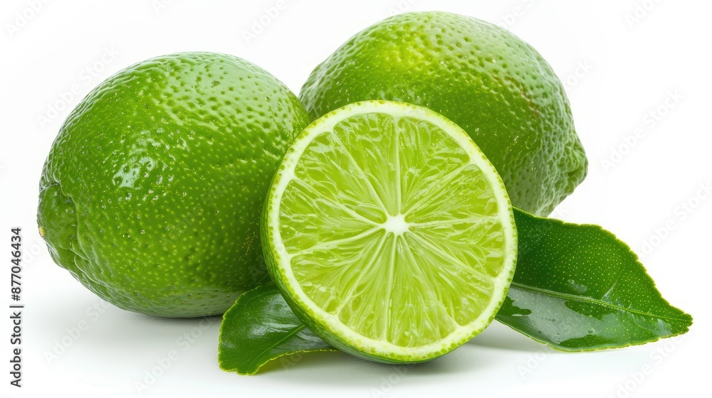Lime fruit with a green leaf and a cut slice isolated on white Lime fruit with a green leaf and a cut slice isolated on white