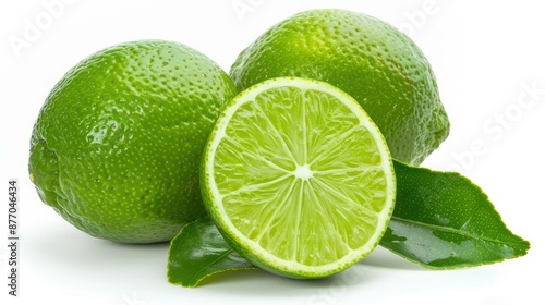 Lime fruit with a green leaf and a cut slice isolated on white