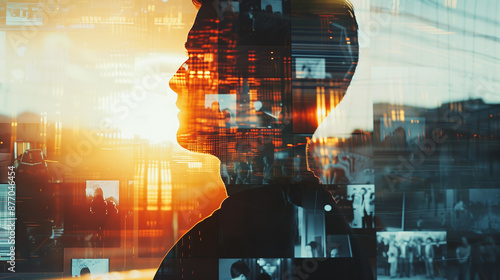 A silhouette person in front of lots of screens streaming television entertainment or news media concept