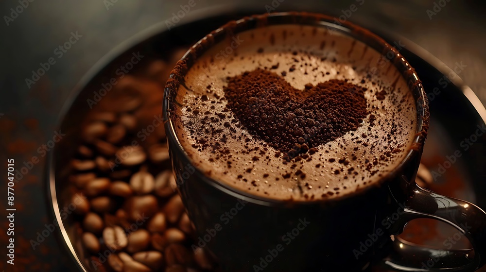 silhouette of a heart drawn with cocoa in a cup of black coffee silhouette of a heart drawn with cocoa in a cup of black coffee
