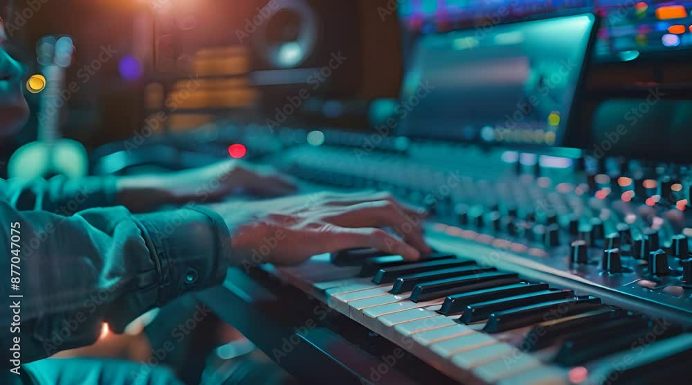 music producer working in his studio, hands on the keyboard and monitors with software music producer working in his studio, hands on the keyboard and monitors with software