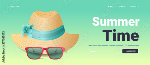 Summer hat with blue ribbon and flower red sunglasses on green gradient background summer theme