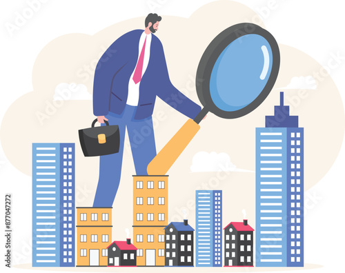 Man looking home on market. Buy or rent house online. Real estate search. Buying property concept. searching service. Flat vector illustration of house for rent, for sale, residential property market.