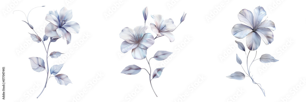 Set of An artistic drawing of a flower featuring intricate swirls and leaves isolated on transparent background Set of An artistic drawing of a flower featuring intricate swirls and leaves isolated on transparent background