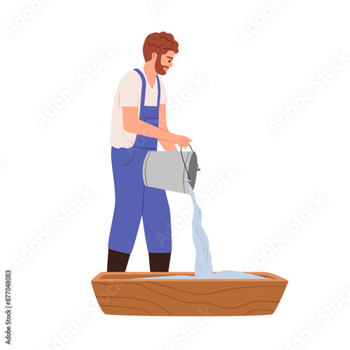 Farmer pouring water from bucket into wooden trough. Farm agriculture worker, man in overalls, daily rural county life. Countryside scene. Flat vector illustration isolated on white background