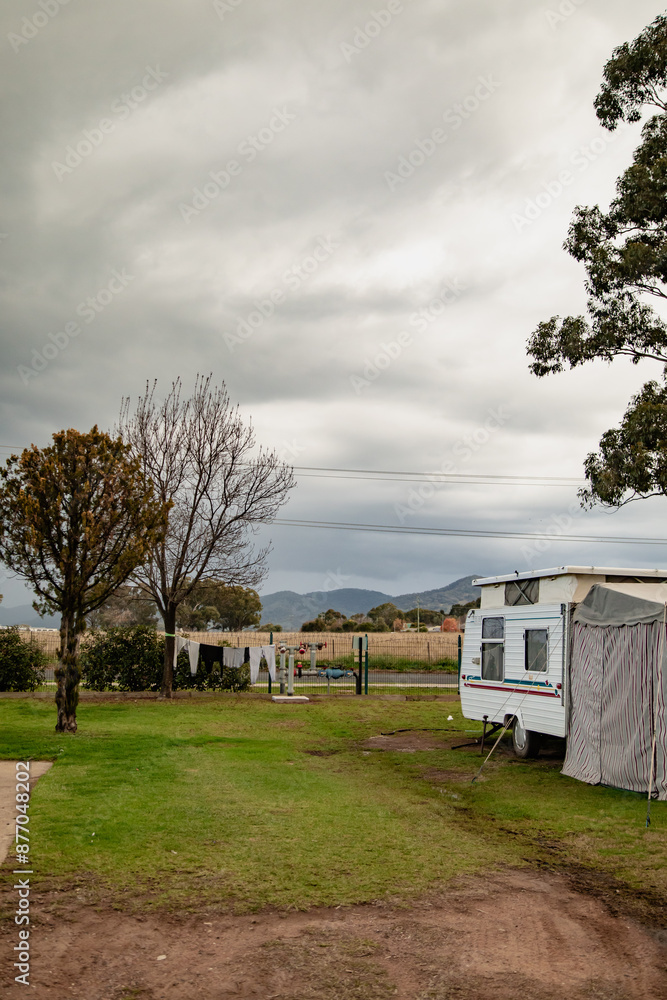 Clothes drying on makeshift washing line at caravan park