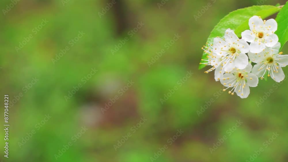 Blurred background with green trees. Empty space for text or titles. White cherry flowers. Blurred background with green trees. Empty space for text or titles. White cherry flowers.
