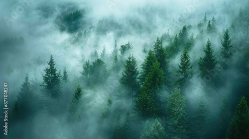 Misty landscape with fir forest