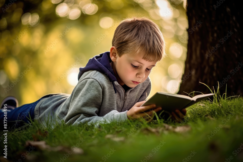A young boy lying on grass under a tree, engrossed in reading a book in a park.