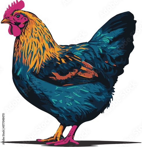 A charming hen, with glossy feathers and a cheerful cluck, embodies farmyard serenity and fresh eggs at dawn, perfect for rural idylls and organic produce enthusiasts. 