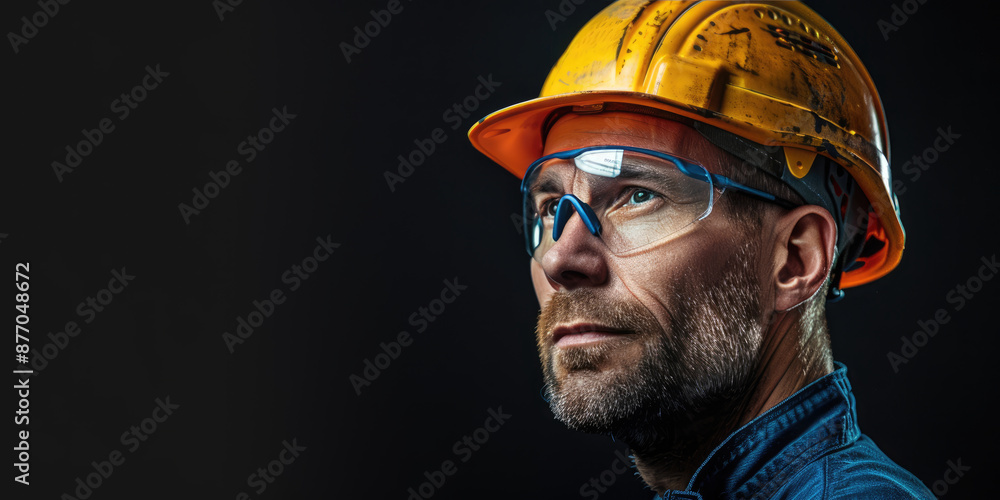 Fototapeta premium A man wearing a yellow hard hat and safety glasses looks thoughtfully into the distance against a dark background.