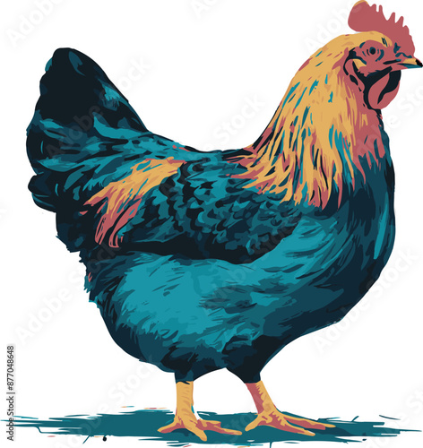 A charming hen, with glossy feathers and a cheerful cluck, embodies farmyard serenity and fresh eggs at dawn, perfect for rural idylls and organic produce enthusiasts. 