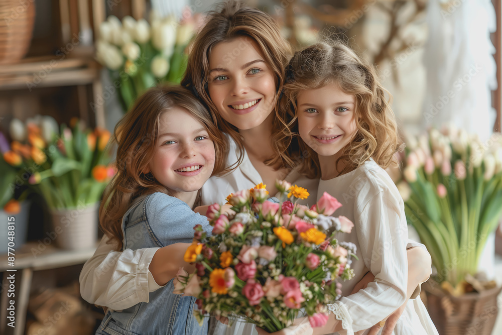 Mother is having a happy Mother's Day children surprising her and giving bouquets and gifts. Mother is having a happy Mother's Day children surprising her and giving bouquets and gifts.