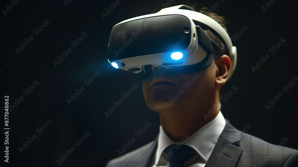 Businessman in virtual reality headset. there are various graphs showing statistics in AI format. Businessman in virtual reality headset. there are various graphs showing statistics in AI format.