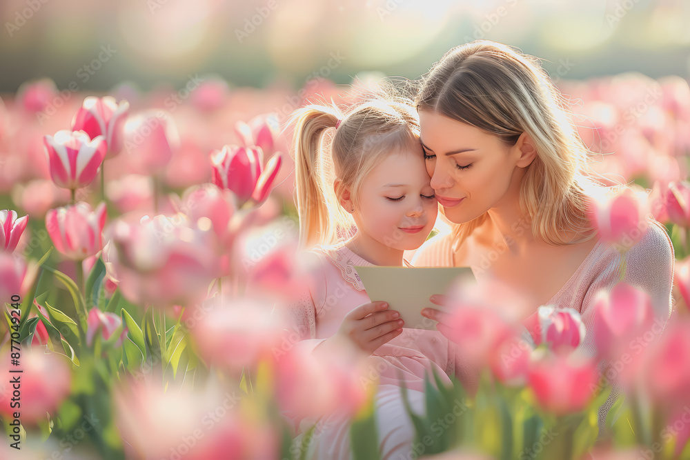 Fototapeta premium Woman reading Mother's Day card and kissing daughter.