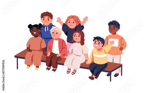 Children audience watching. Happy kids public, boys, girls, sitting and looking with joyful emotion. Cute characters, kindergarten spectators. Flat vector illustration isolated on white background