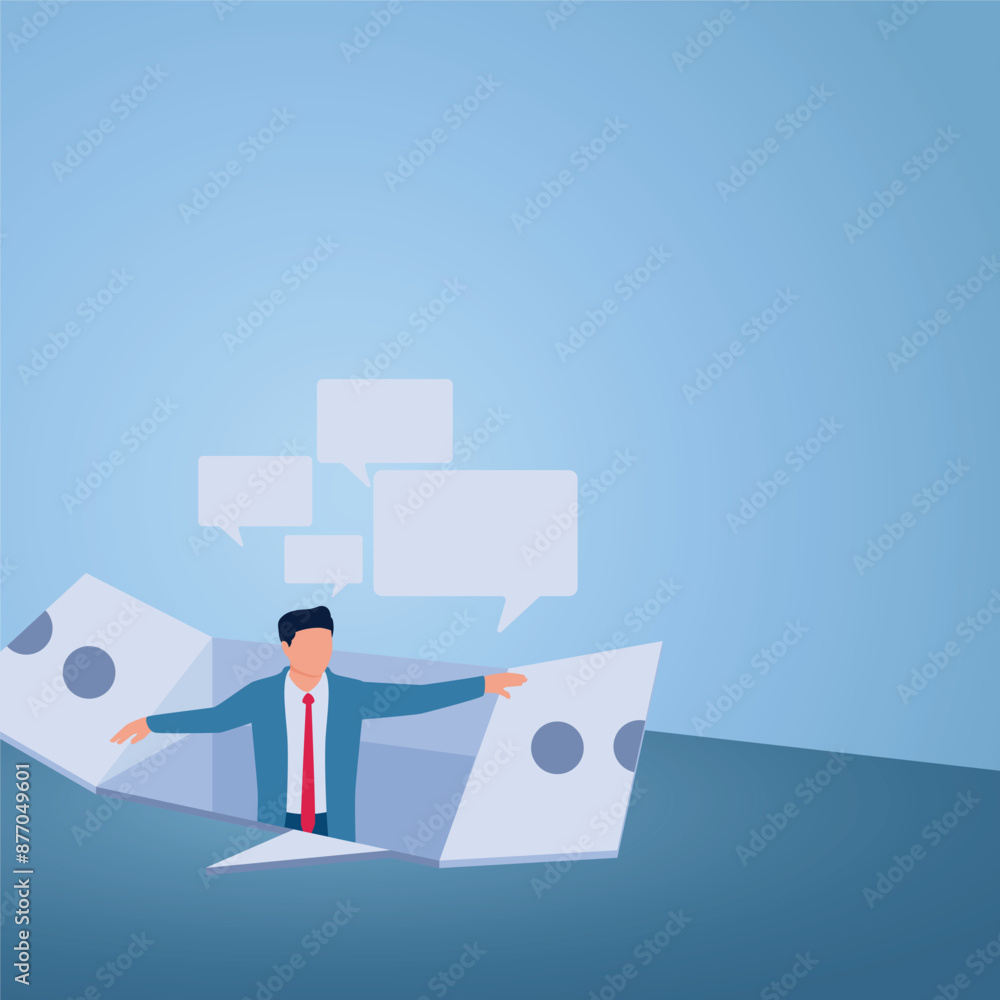 A man comes out of the underground opens the door visible bubble chat, an illustration for open communication. A man comes out of the underground opens the door visible bubble chat, an illustration for open communication.