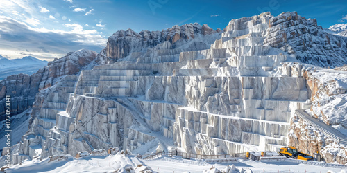 A massive marble quarry in a mountainous region with terraced, white marble cliffs and heavy machinery visible on the lower levels. photo