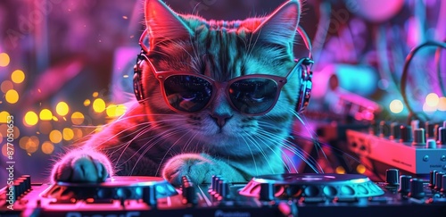  cute cat wearing sunglasses and headphones, djing in an exotic nightclub 