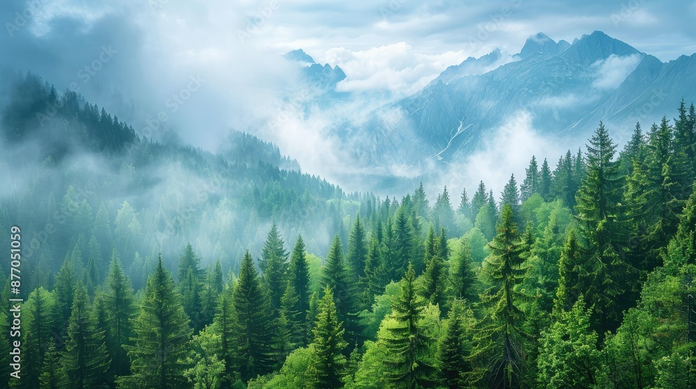Misty landscape with fir forest Misty landscape with fir forest