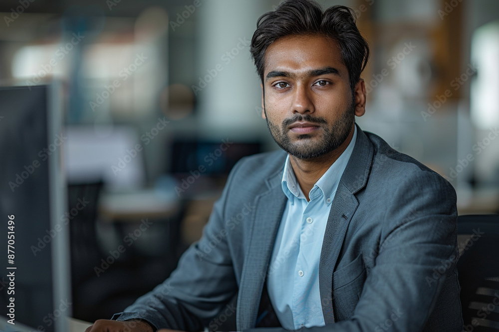 Fototapeta premium A clear portrait of a South Asian financial securities trader at a modern office desk. The handsome Indian accountant skillfully manages the bookkeeping of a business venture.