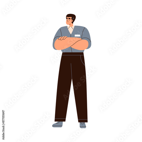 Security guard on duty, standing with arms crossed. Professional bodyguard for safety, protection surveillance. Man in confident posture. Flat vector illustration isolated on white background