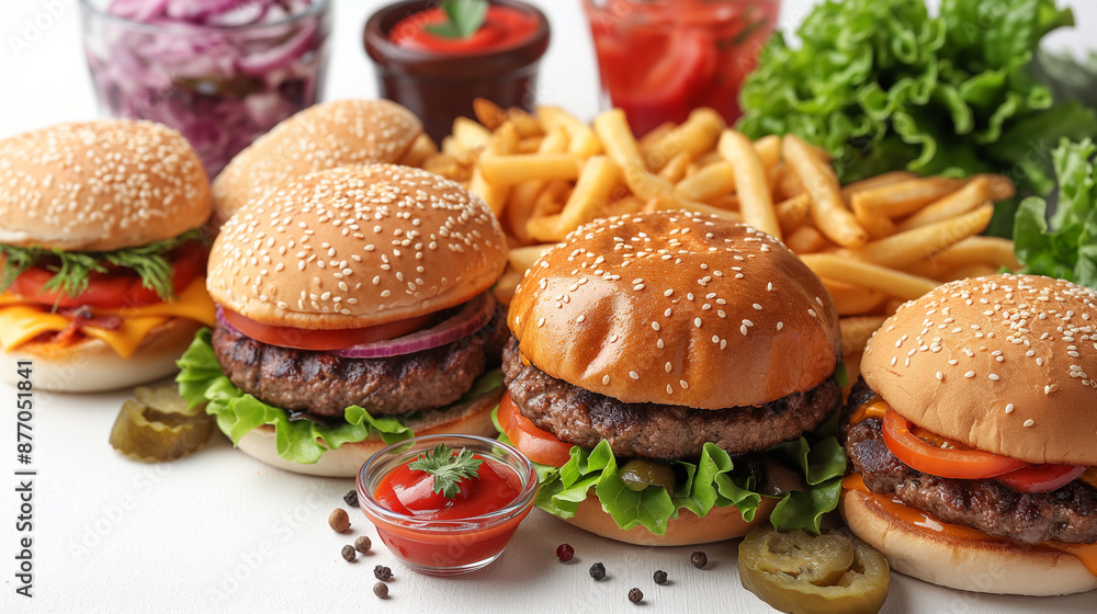 A delicious fresh burger with juicy meat and cheese. Hot fries . Yummy fast food. A delicious fresh burger with juicy meat and cheese. Hot fries . Yummy fast food.