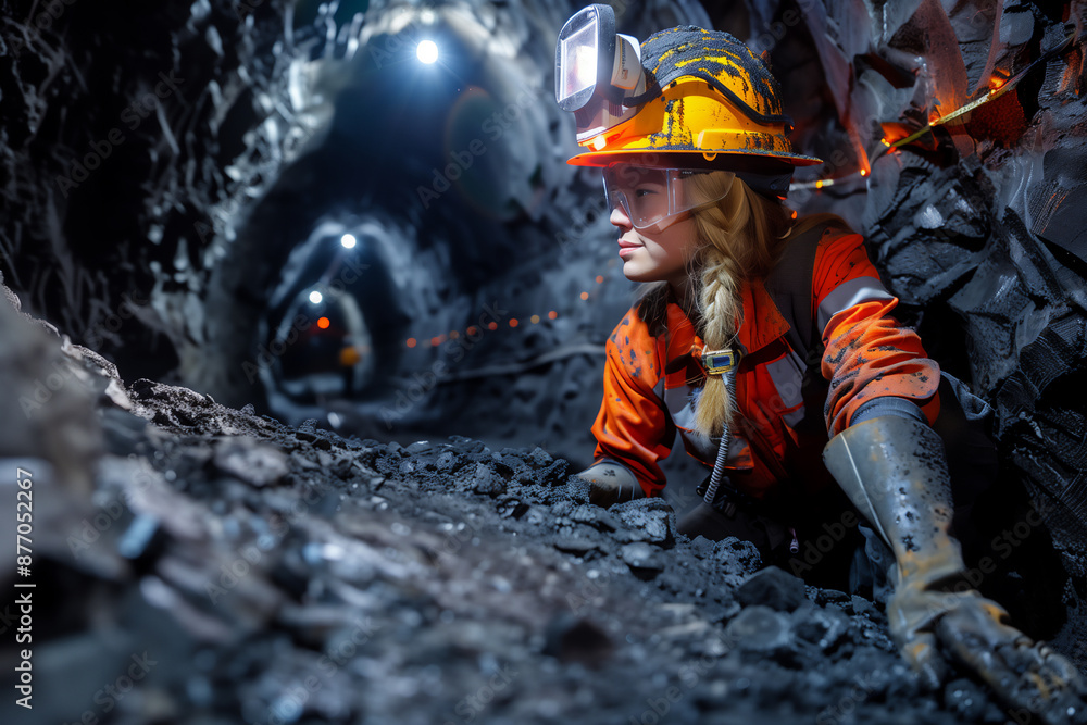 Asian female miner taking a break at a coal mine Asian female miner taking a break at a coal mine